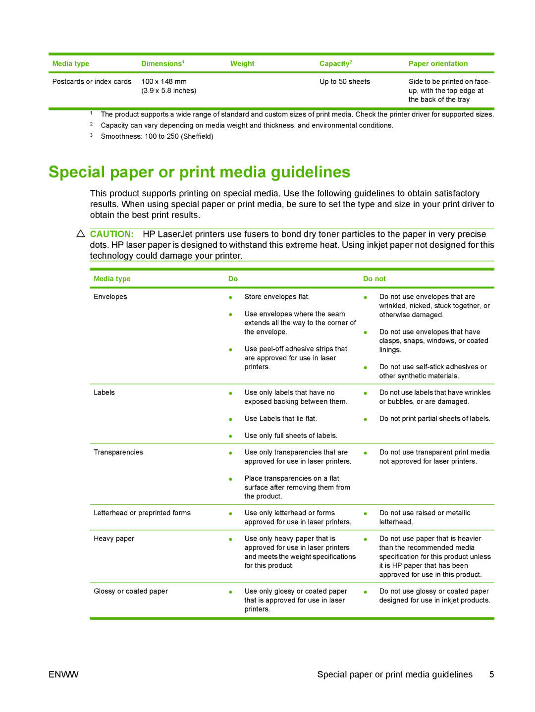 HP CM1312 MFP manual Special paper or print media guidelines, Media type 