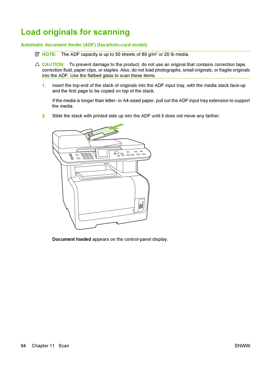 HP CM1312nfi MFP manual Load originals for scanning, Automatic document feeder ADF fax/photo-card model 