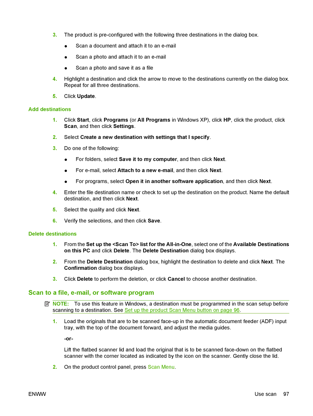 HP CM1312nfi MFP manual Scan to a file, e-mail, or software program, Add destinations, Delete destinations 