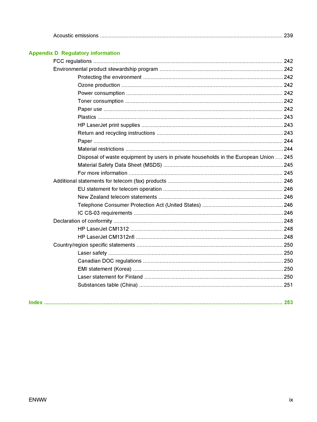 HP CM1312nfi MFP manual Appendix D Regulatory information, 253 