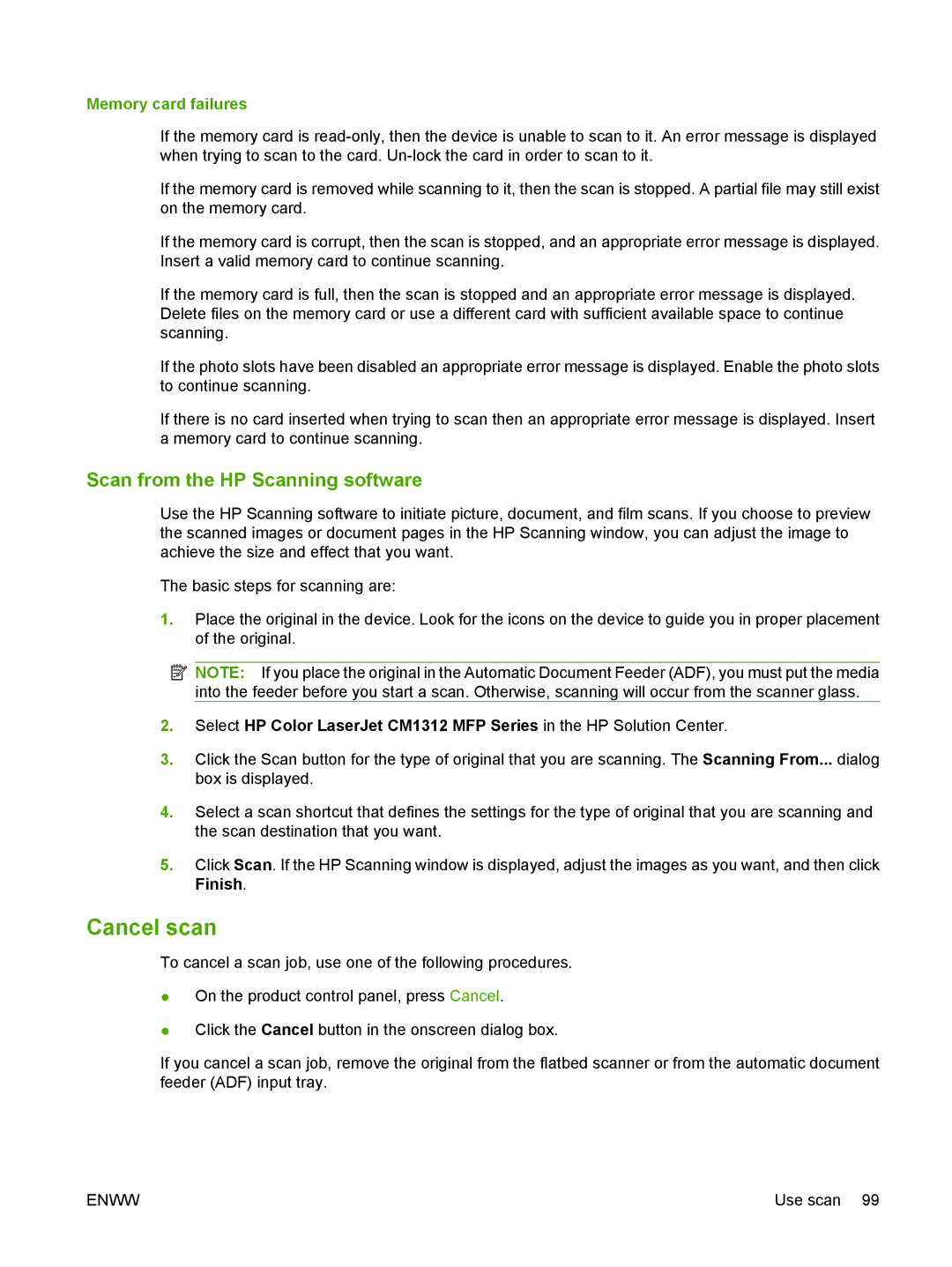 HP CM1312nfi MFP manual Cancel scan, Scan from the HP Scanning software, Memory card failures 