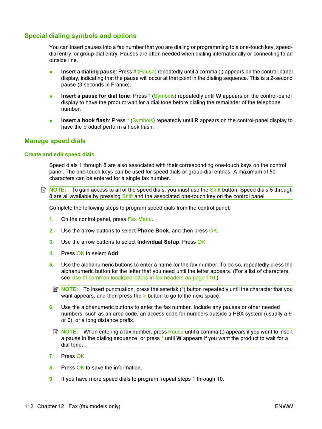 HP CM1312nfi MFP manual Special dialing symbols and options, Manage speed dials, Create and edit speed dials 