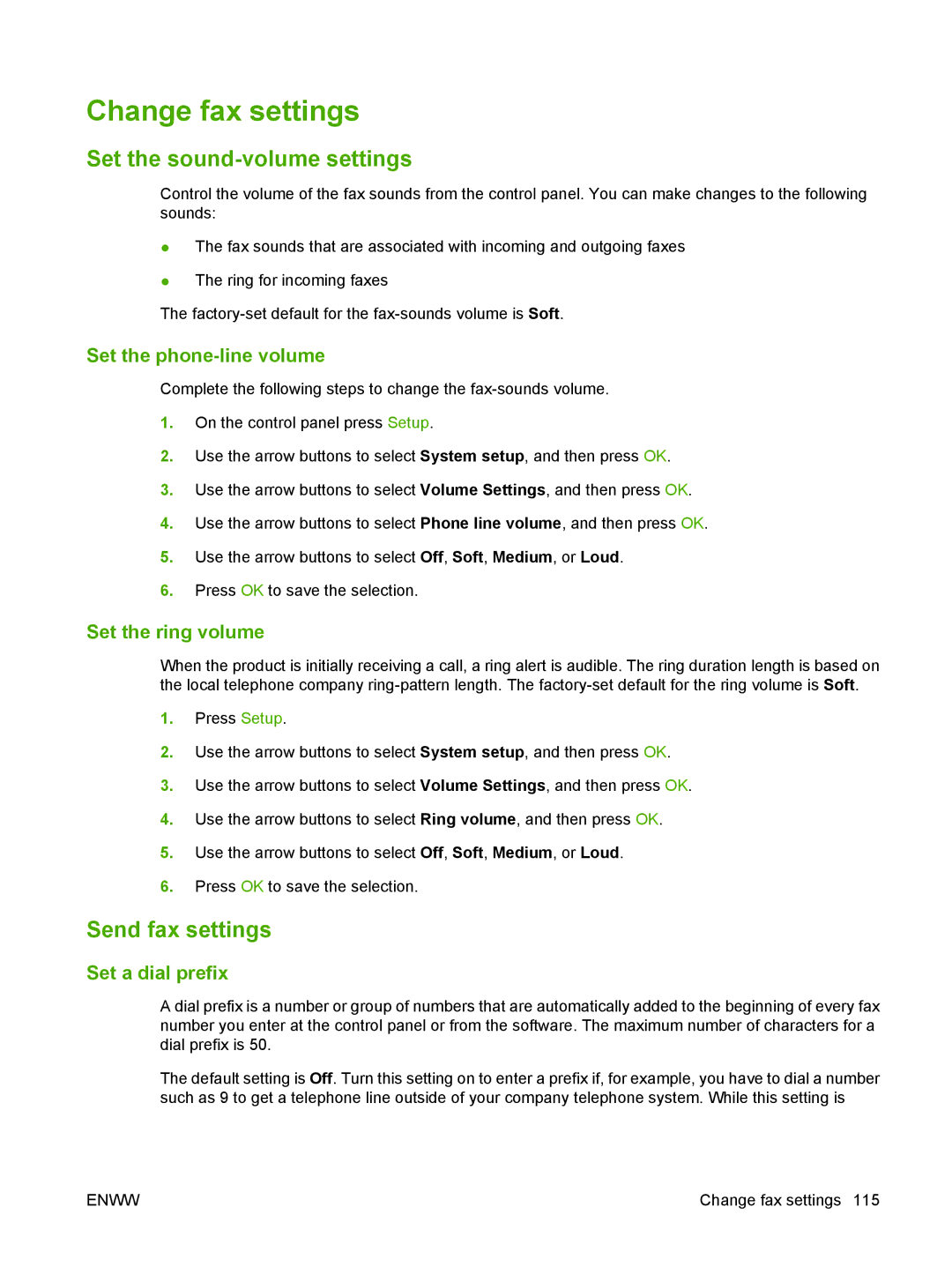 HP CM1312nfi MFP manual Change fax settings, Set the sound-volume settings, Send fax settings 