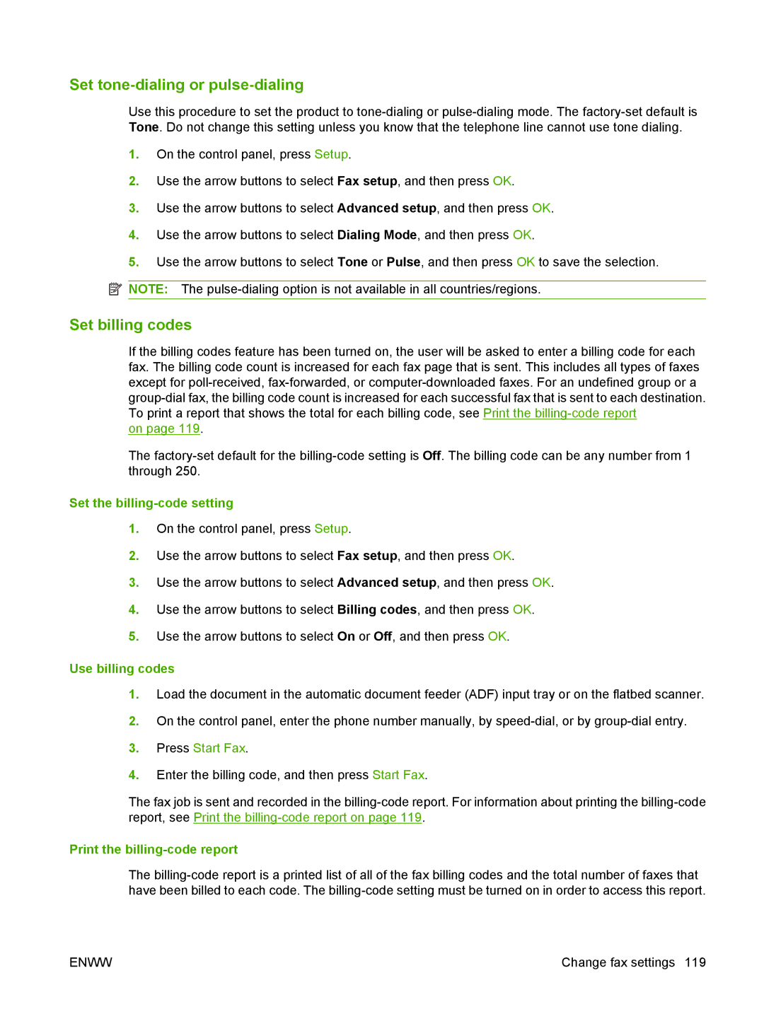 HP CM1312 manual Set tone-dialing or pulse-dialing, Set billing codes, Set the billing-code setting, Use billing codes 