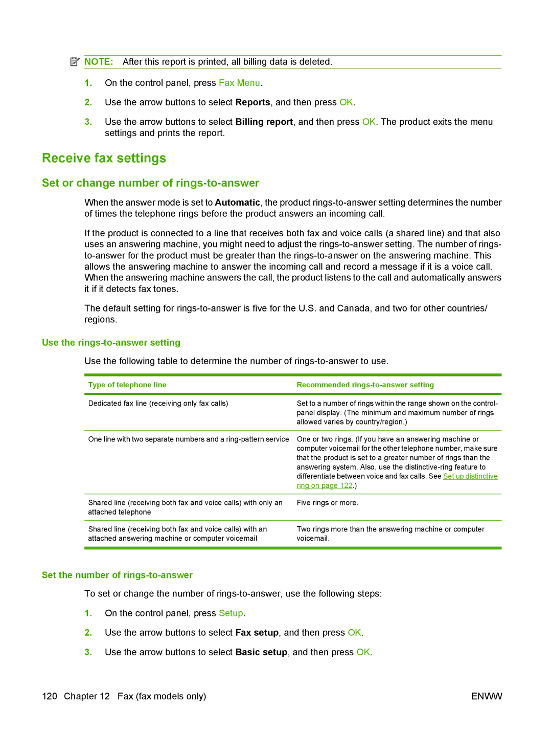 HP CM1312nfi MFP manual Receive fax settings, Set or change number of rings-to-answer, Use the rings-to-answer setting 