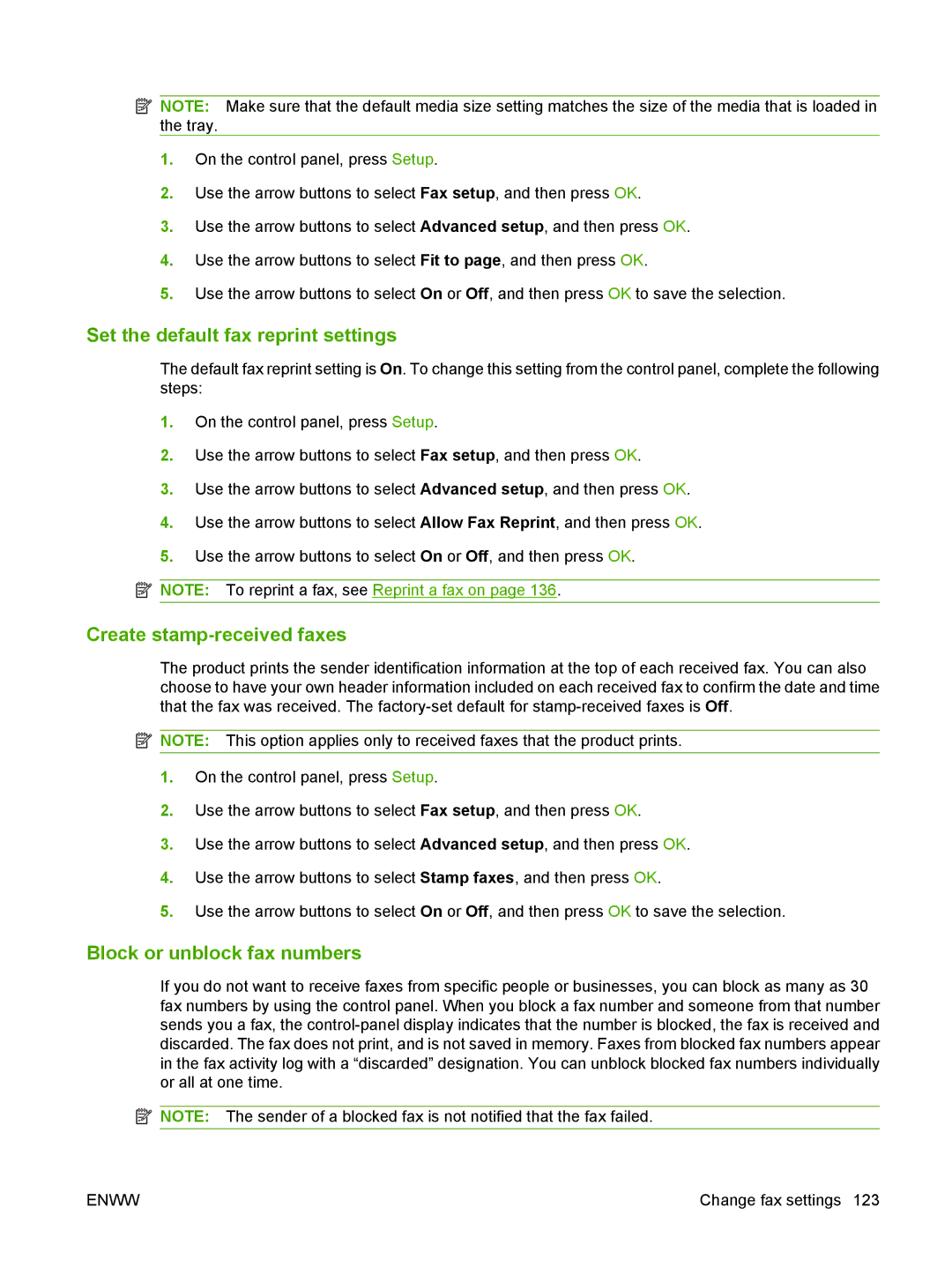 HP CM1312nfi MFP manual Set the default fax reprint settings, Create stamp-received faxes, Block or unblock fax numbers 