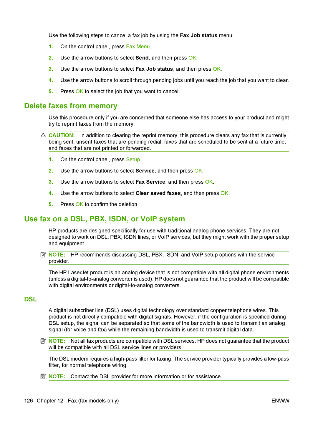 HP CM1312nfi MFP manual Delete faxes from memory, Use fax on a DSL, PBX, ISDN, or VoIP system 