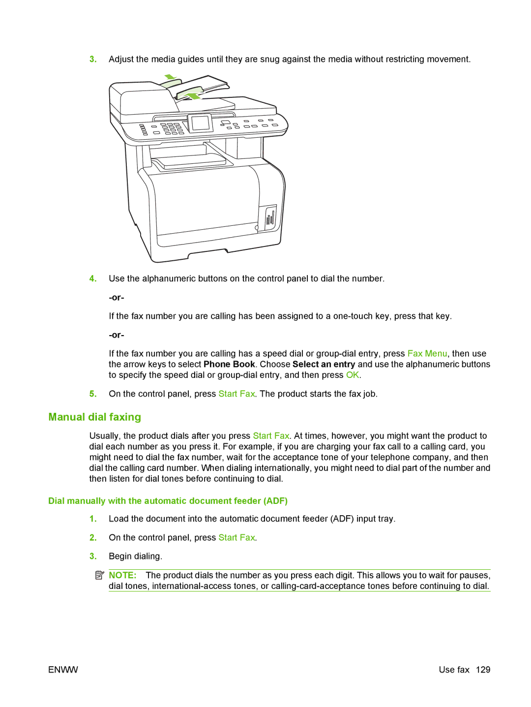 HP CM1312nfi MFP Manual dial faxing, Dial manually with the automatic document feeder ADF 