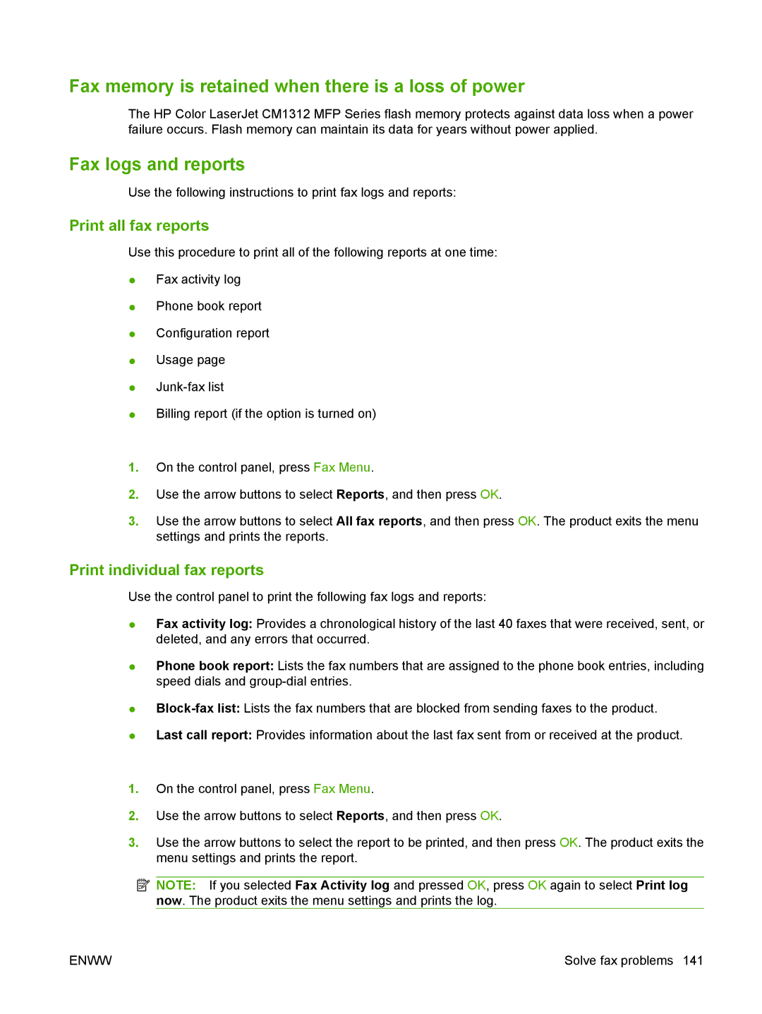 HP CM1312nfi MFP Fax memory is retained when there is a loss of power, Fax logs and reports, Print all fax reports 