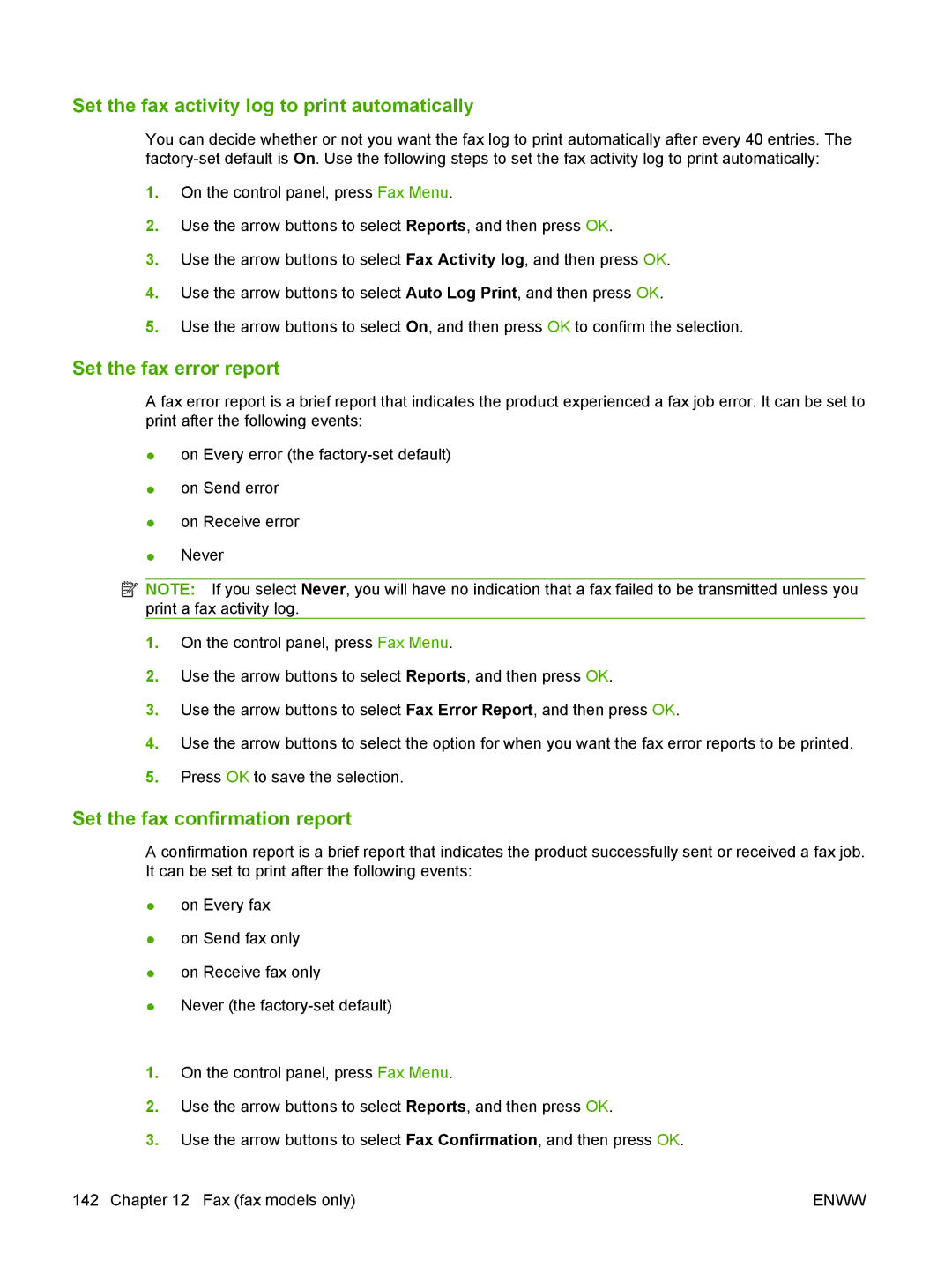 HP CM1312nfi MFP manual Set the fax activity log to print automatically, Set the fax error report 