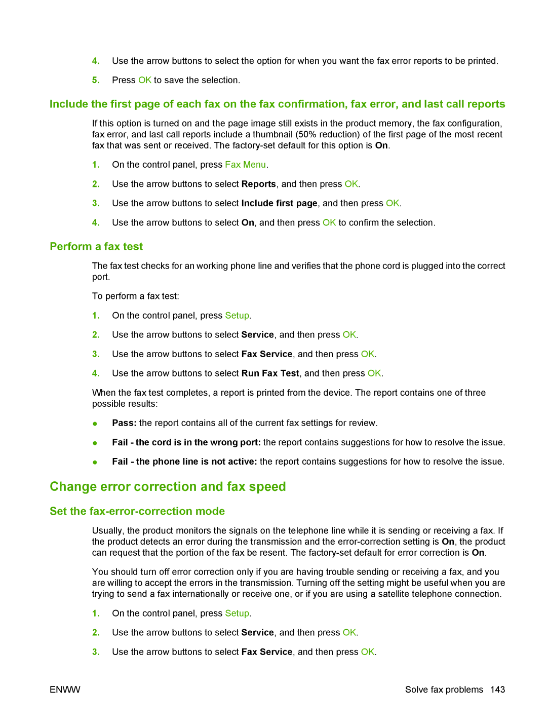 HP CM1312nfi MFP manual Change error correction and fax speed, Perform a fax test, Set the fax-error-correction mode 