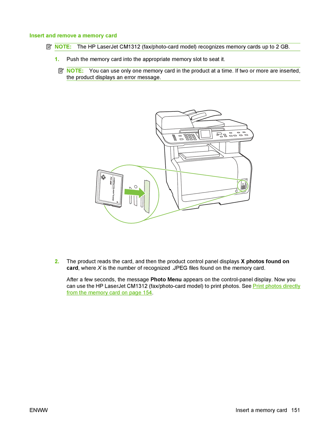 HP CM1312nfi MFP manual Insert and remove a memory card 