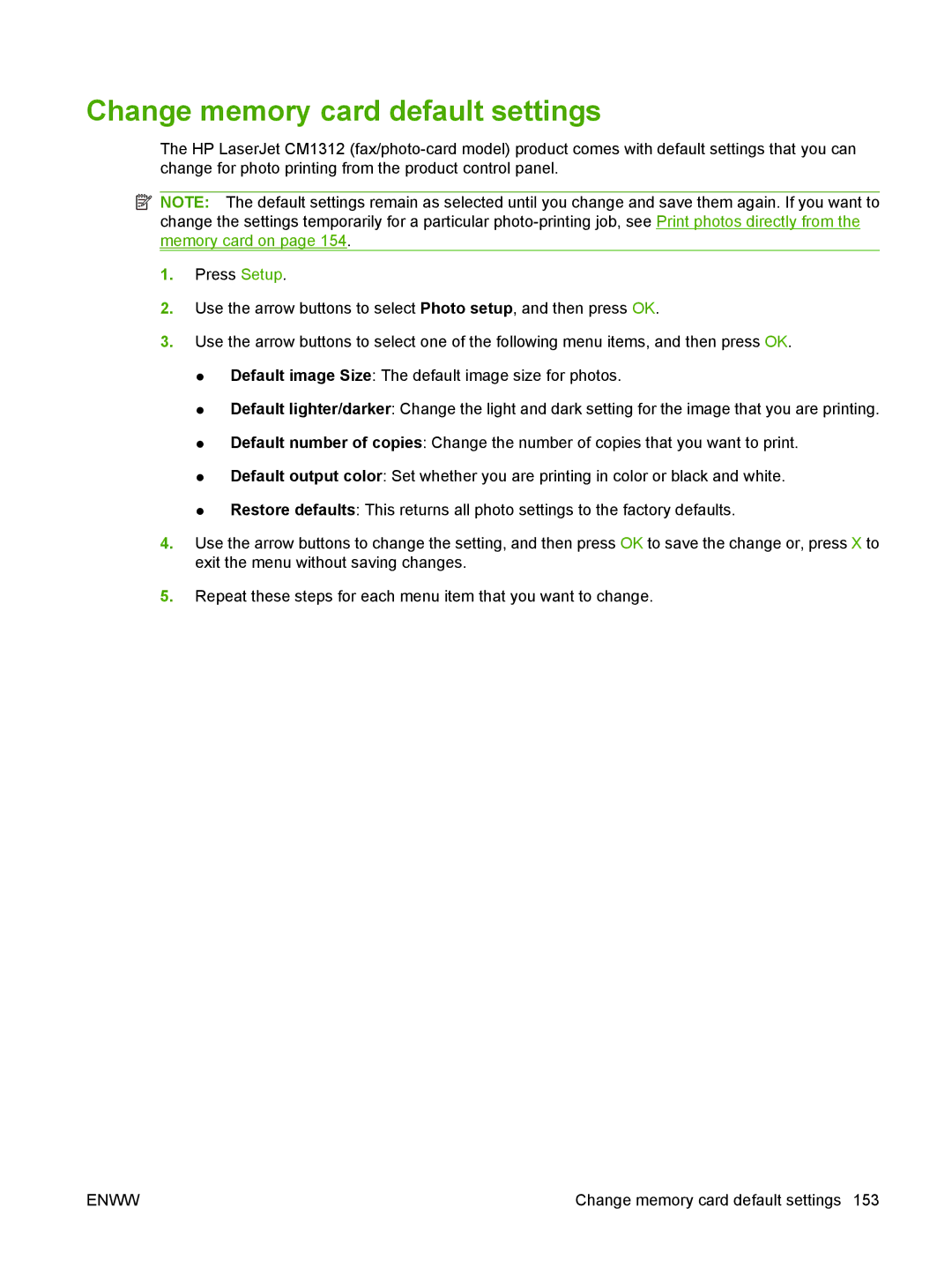 HP CM1312nfi MFP manual Change memory card default settings 