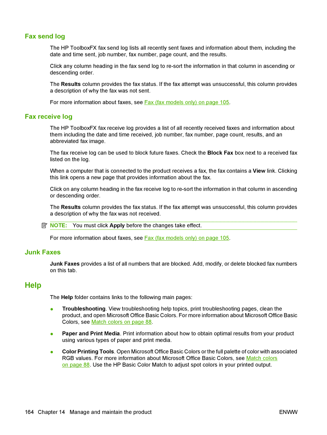 HP CM1312nfi MFP manual Help, Fax send log, Fax receive log, Junk Faxes 