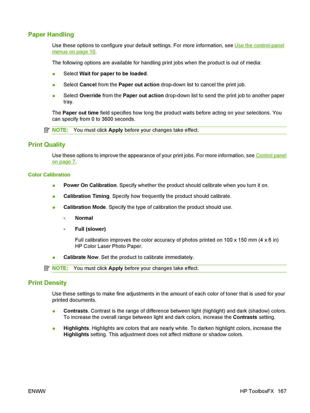 HP CM1312nfi MFP manual Paper Handling, Print Quality, Print Density, Color Calibration 