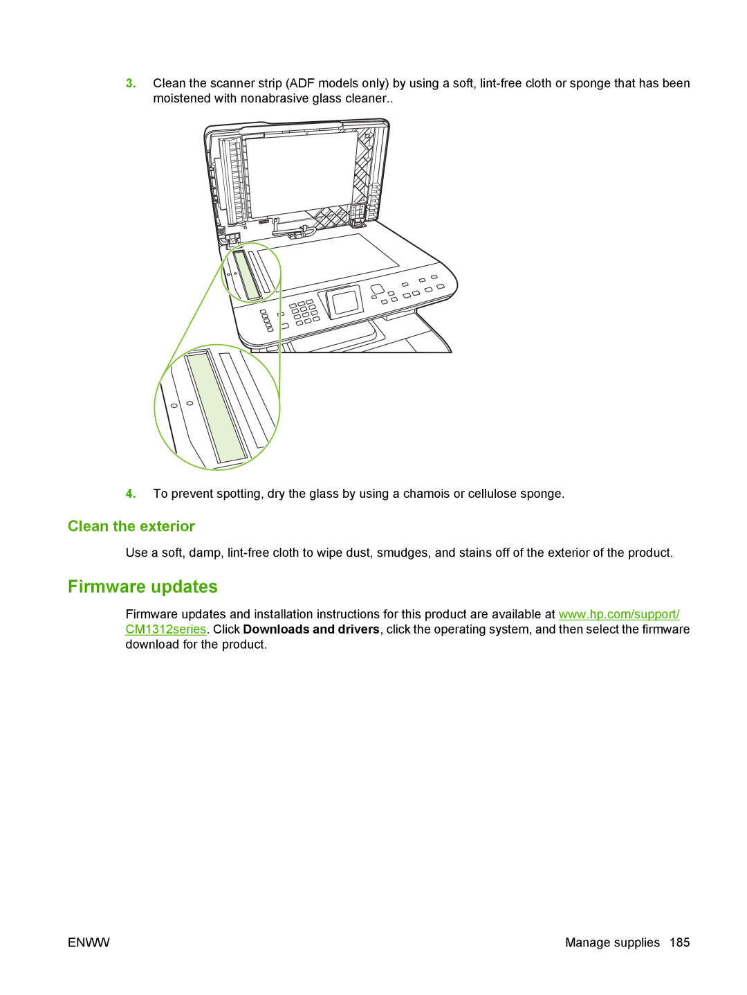 HP CM1312nfi MFP manual Firmware updates, Clean the exterior 