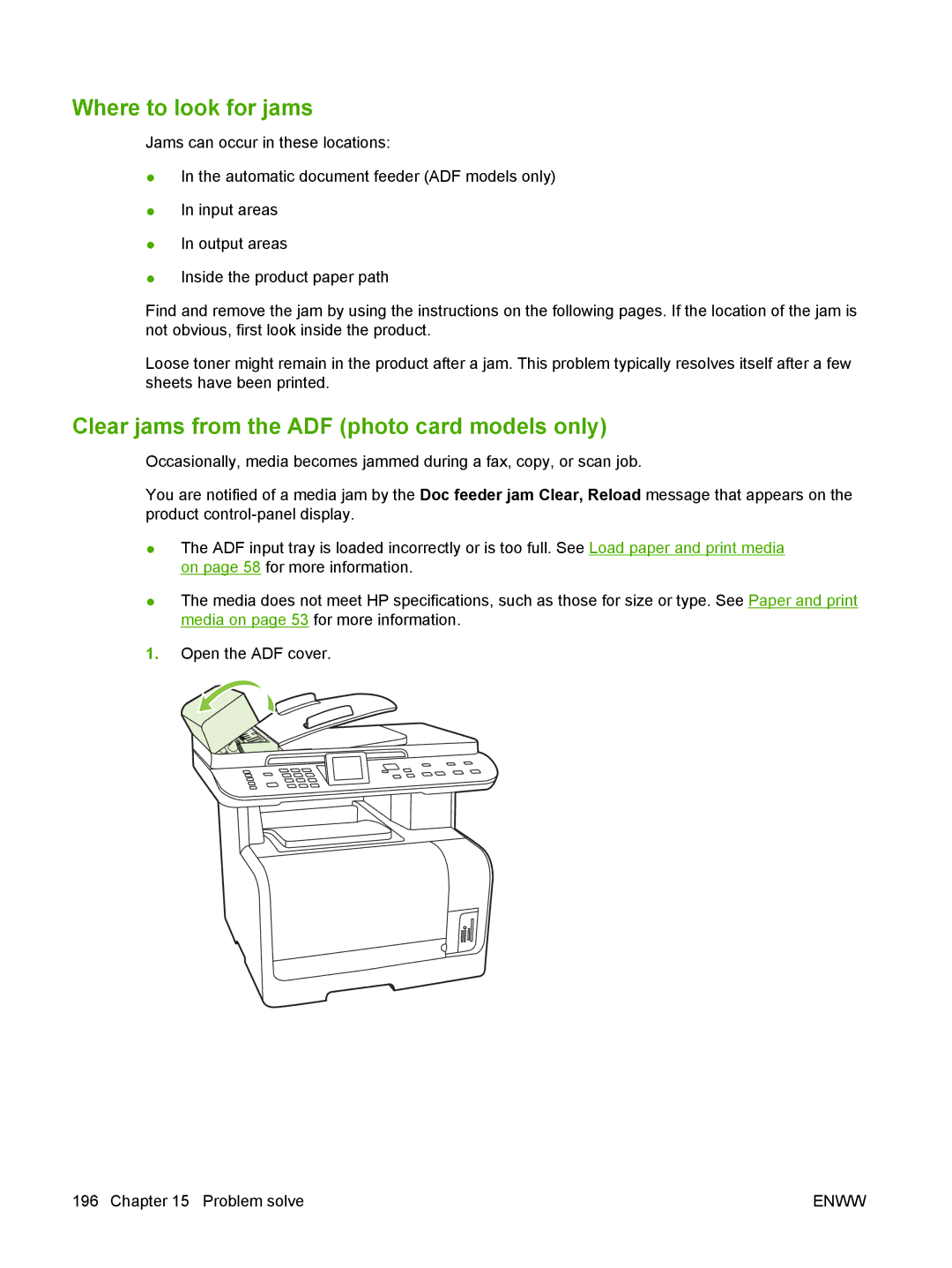 HP CM1312nfi MFP manual Where to look for jams, Clear jams from the ADF photo card models only 