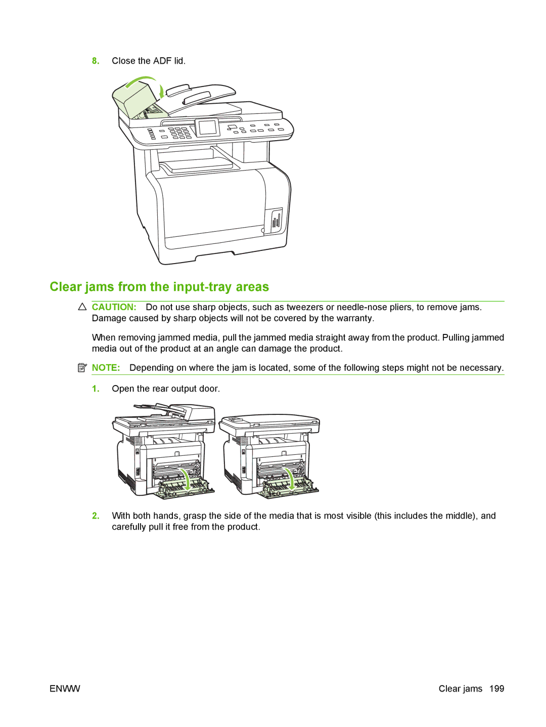 HP CM1312nfi MFP manual Clear jams from the input-tray areas 