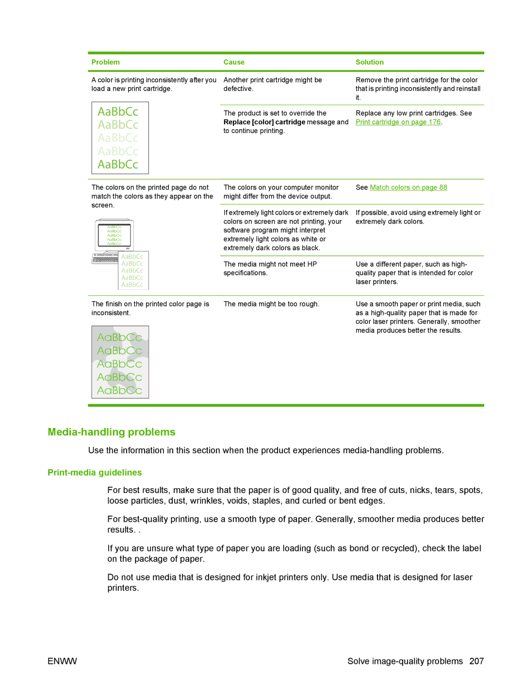 HP CM1312nfi MFP manual Media-handling problems, Print-media guidelines, See Match colors on 