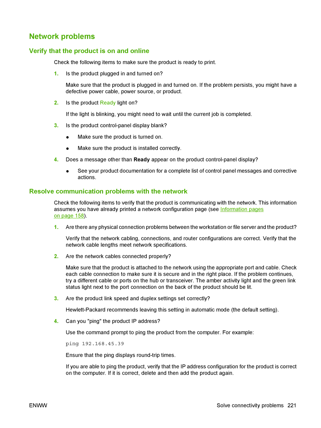 HP CM1312 Network problems, Verify that the product is on and online, Resolve communication problems with the network 