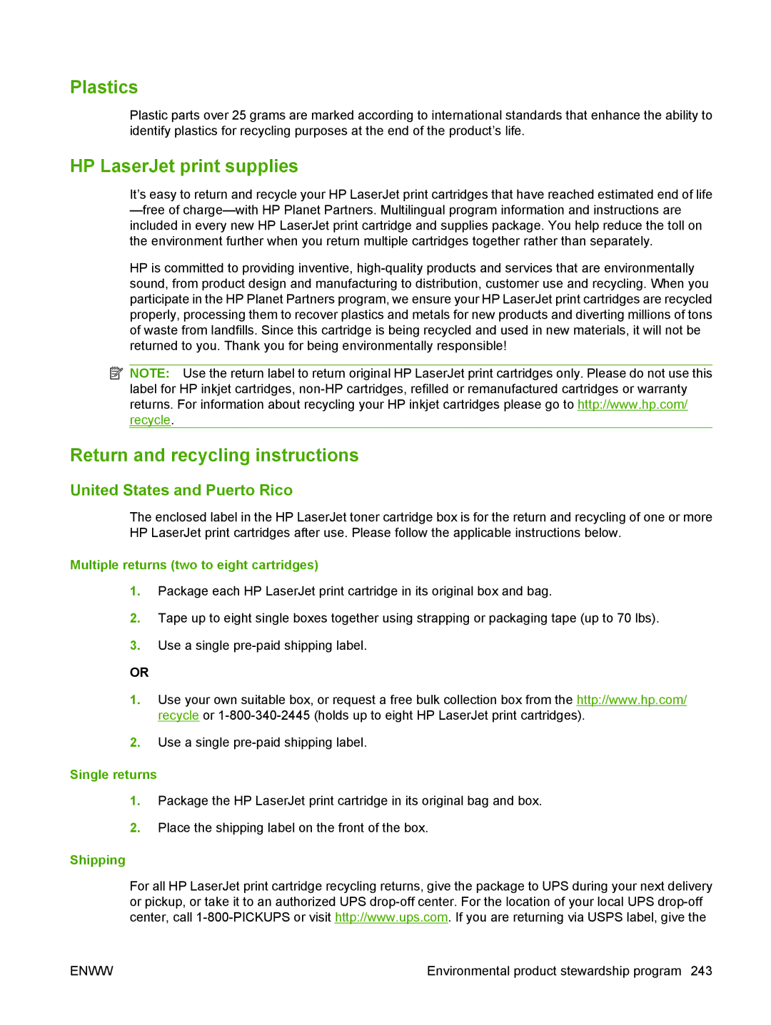 HP CM1312 manual Plastics, HP LaserJet print supplies, Return and recycling instructions, United States and Puerto Rico 