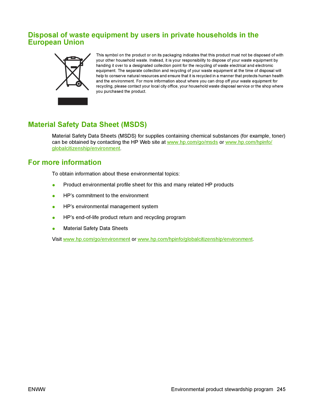 HP CM1312nfi MFP manual Material Safety Data Sheet Msds For more information 