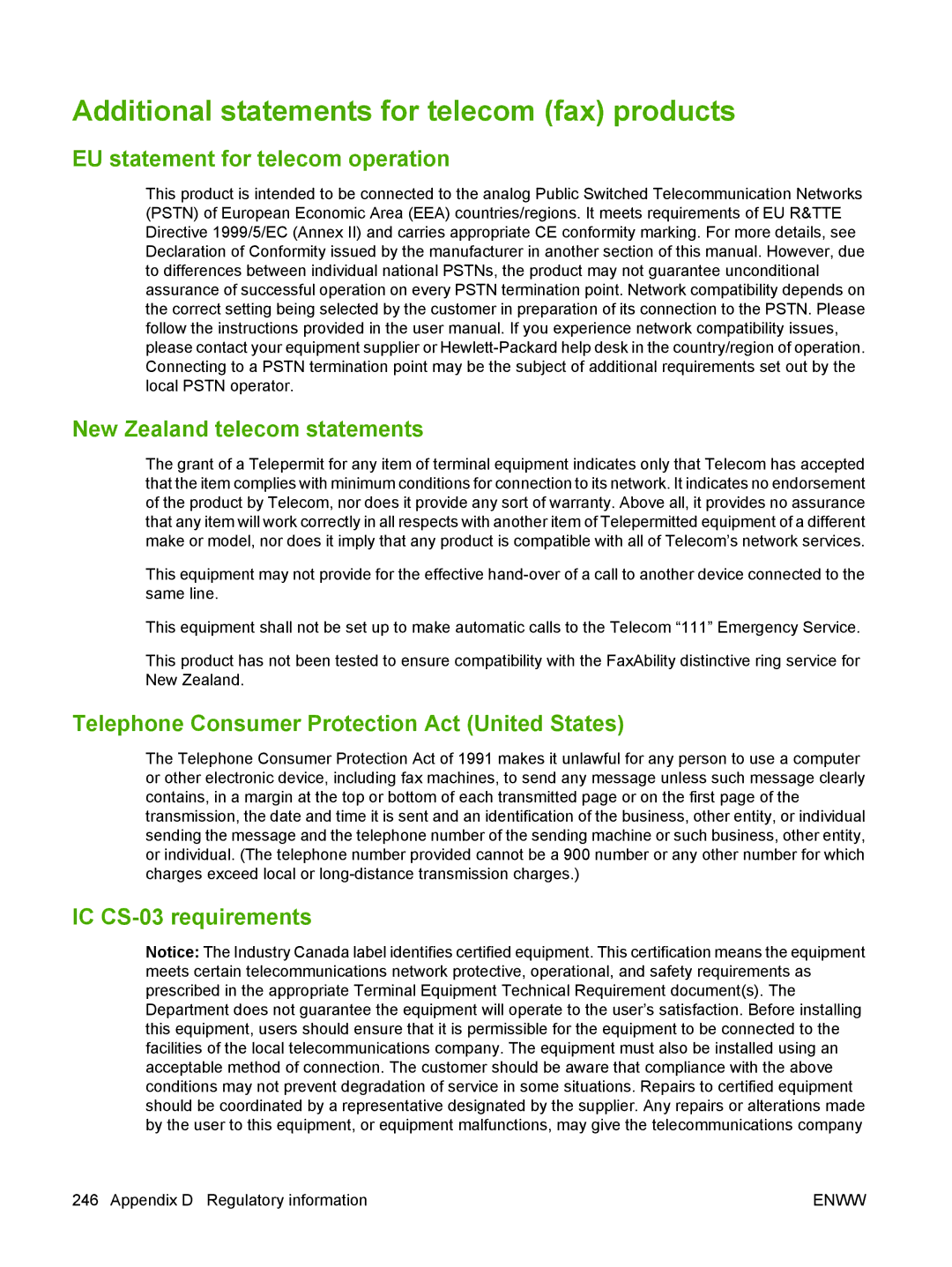 HP CM1312nfi MFP manual Additional statements for telecom fax products, Telephone Consumer Protection Act United States 