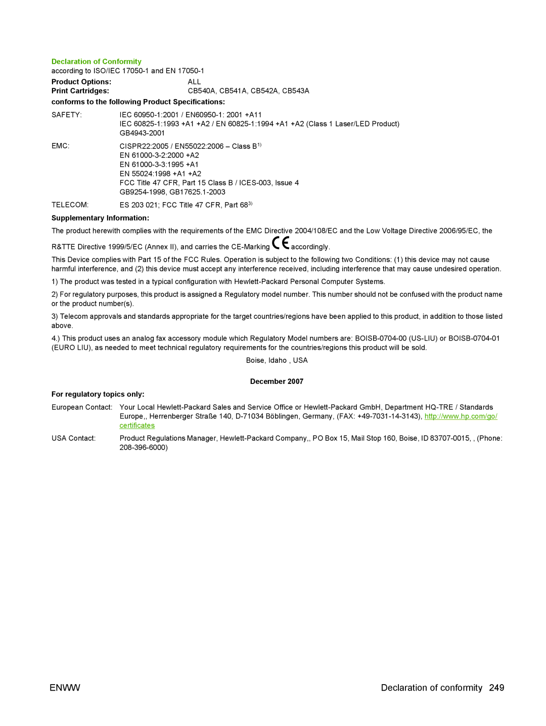 HP CM1312nfi MFP manual Declaration of conformity 