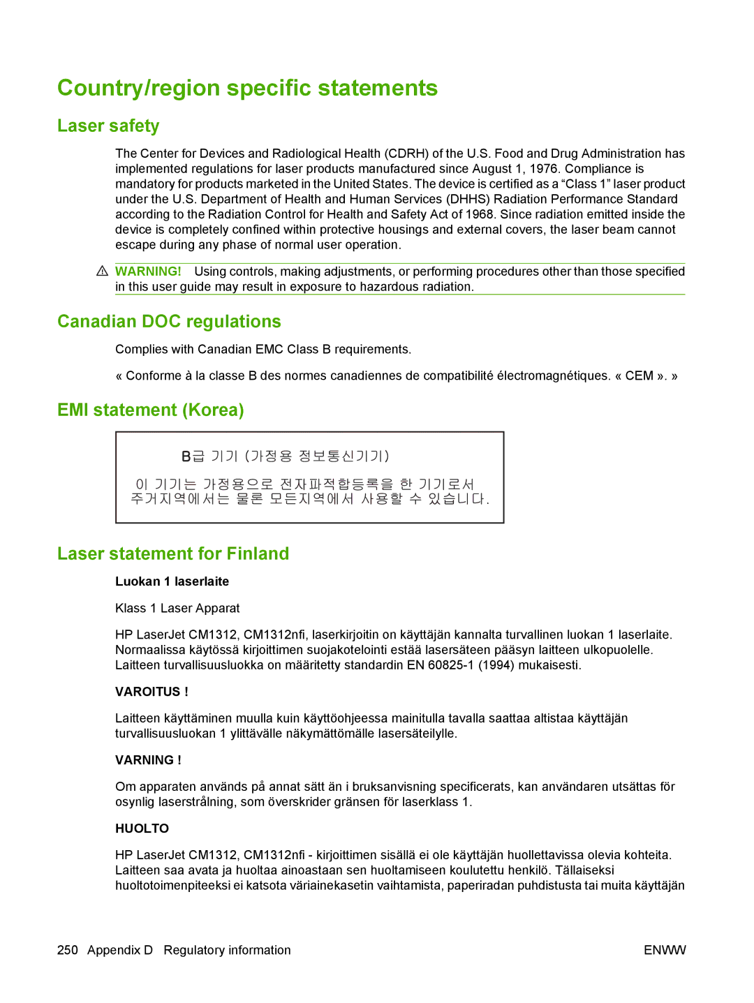 HP CM1312nfi MFP manual Country/region specific statements, Laser safety, Canadian DOC regulations 