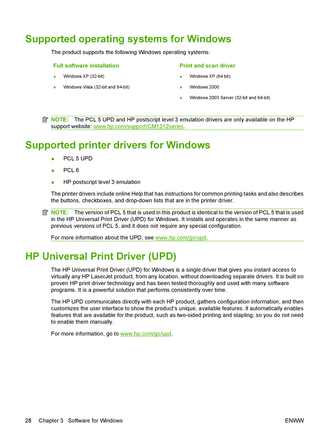 HP CM1312nfi MFP manual Supported operating systems for Windows, Supported printer drivers for Windows 