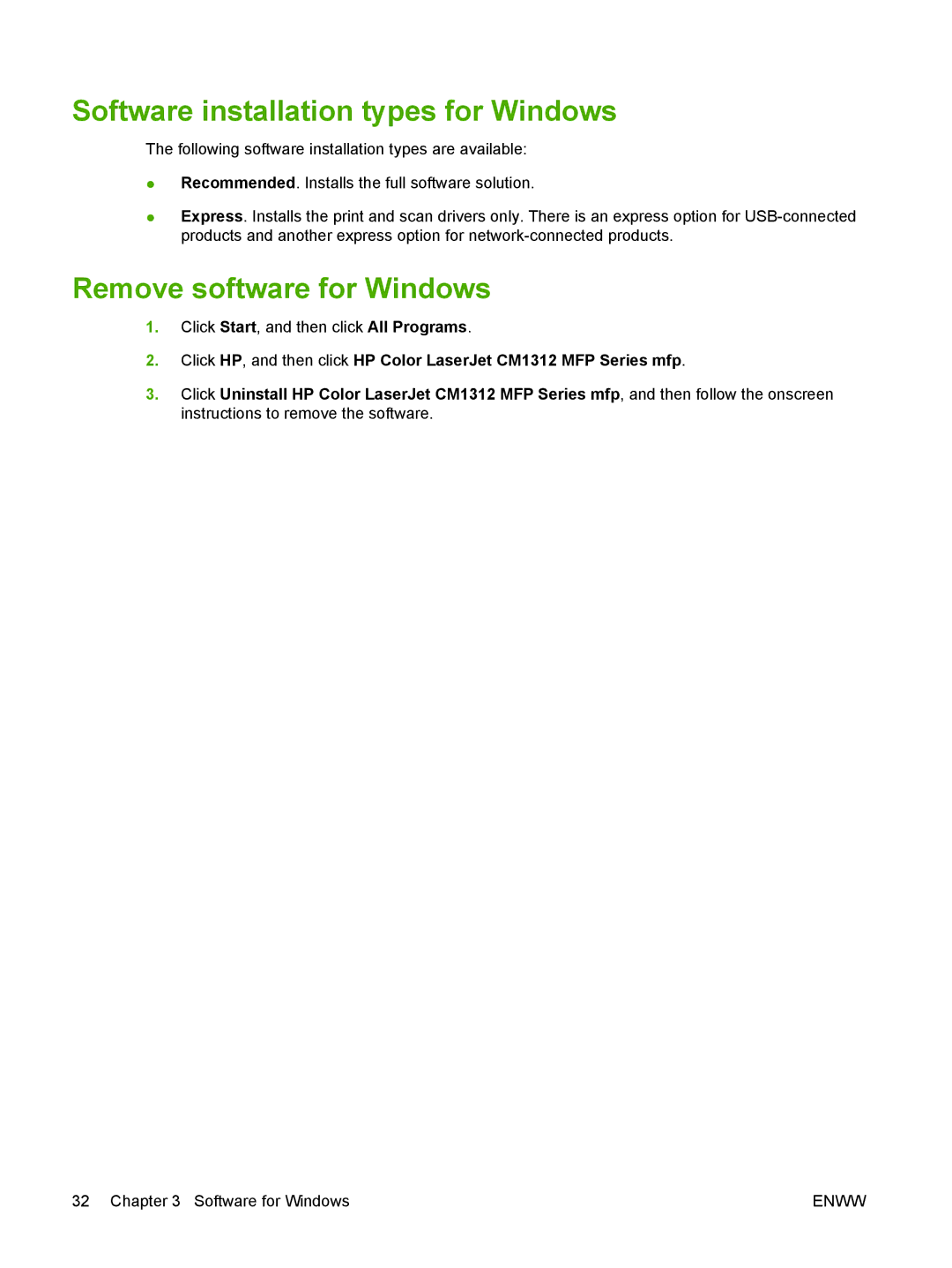 HP CM1312nfi MFP manual Software installation types for Windows, Remove software for Windows 