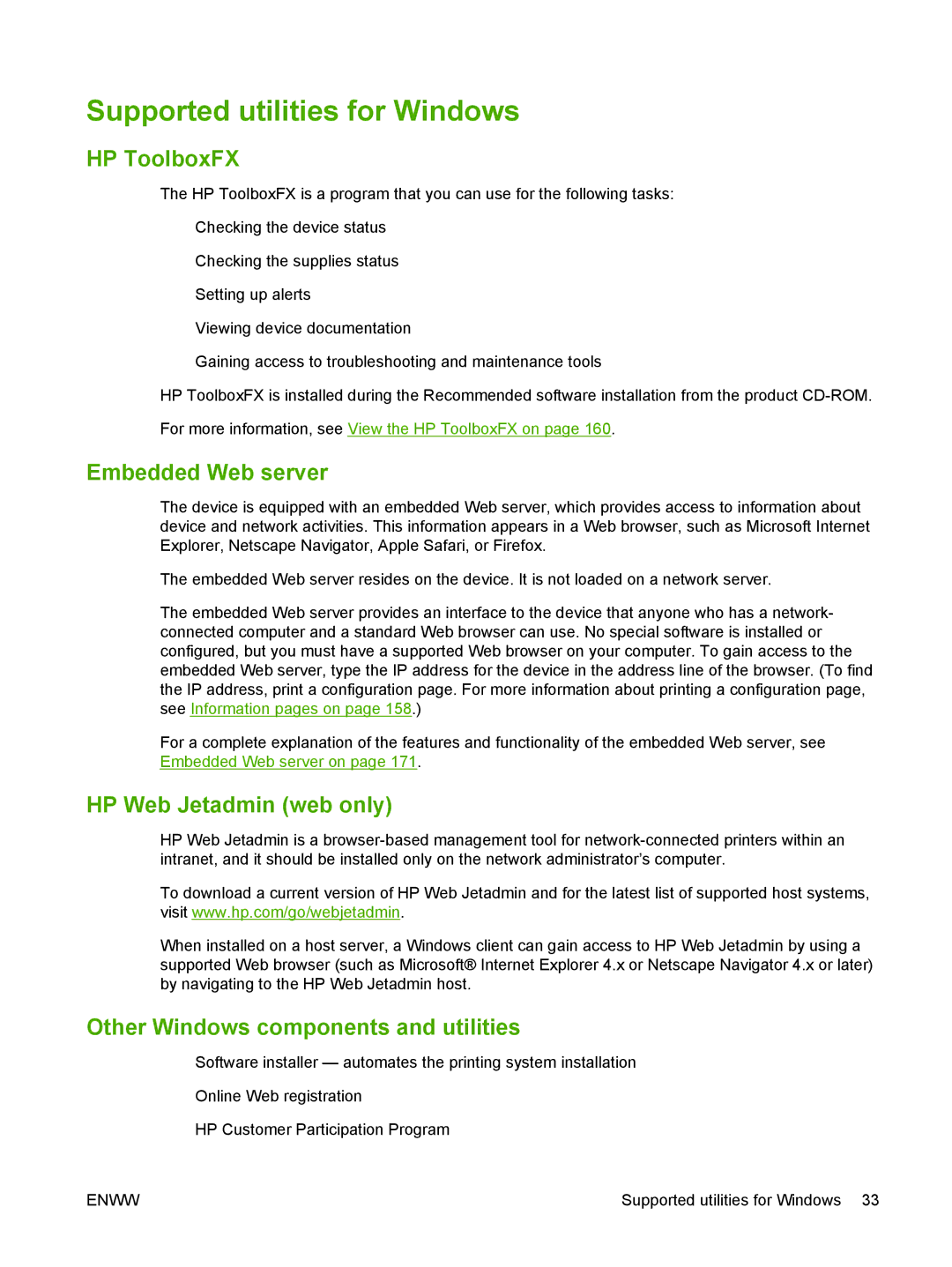 HP CM1312nfi MFP manual Supported utilities for Windows, HP ToolboxFX, Embedded Web server, HP Web Jetadmin web only 