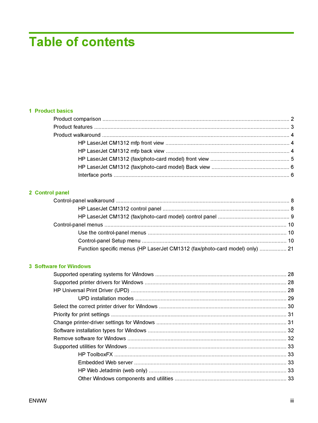 HP CM1312nfi MFP manual Table of contents 