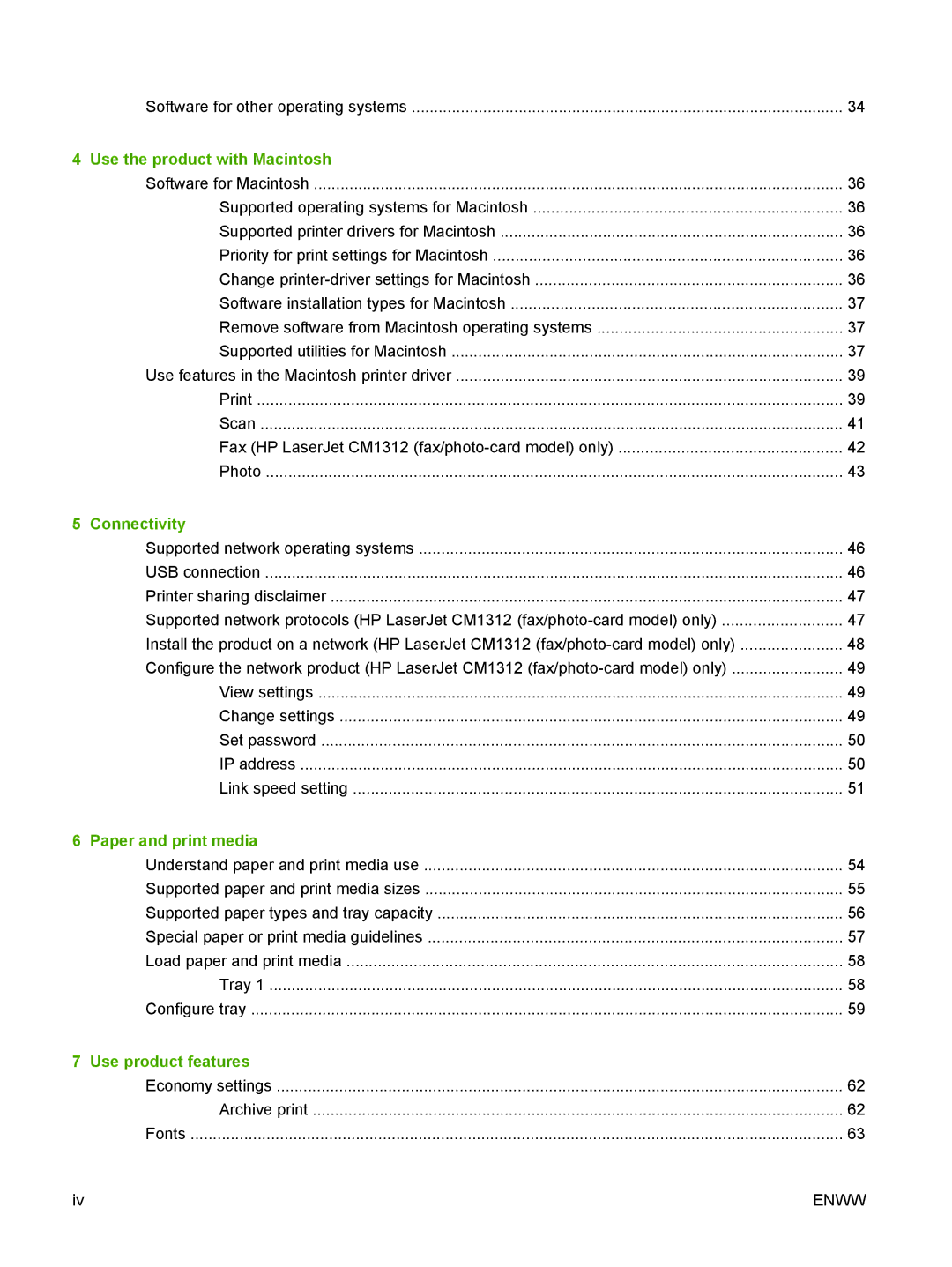 HP CM1312nfi MFP manual Use the product with Macintosh, Connectivity, Paper and print media, Use product features 