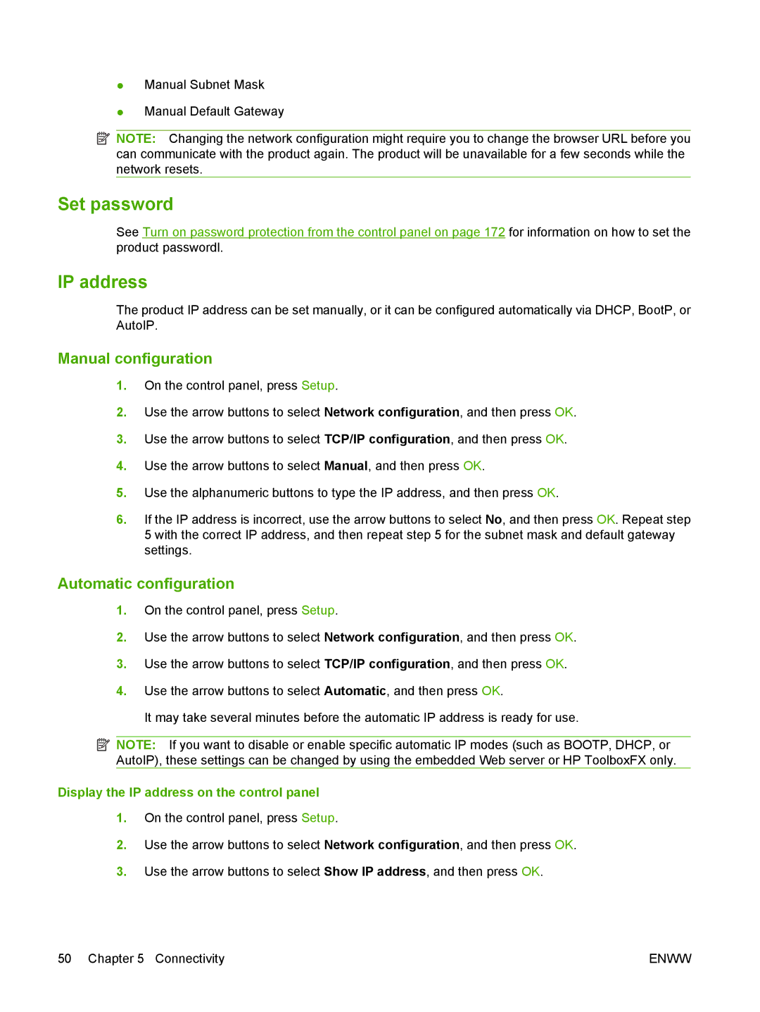 HP CM1312nfi MFP manual Set password, IP address, Manual configuration, Automatic configuration 