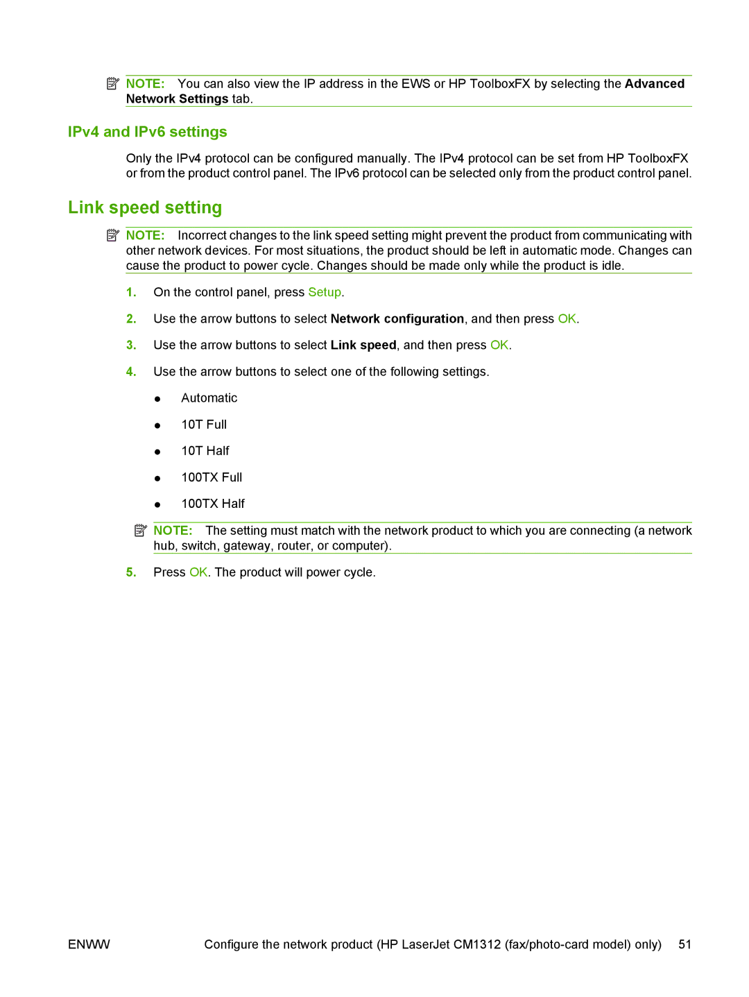 HP CM1312nfi MFP manual Link speed setting, IPv4 and IPv6 settings 