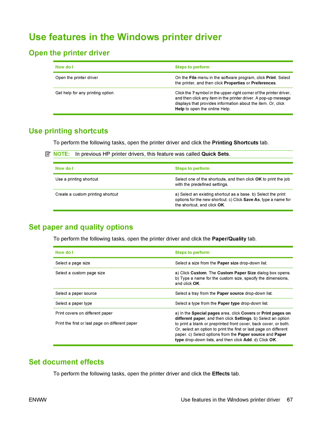 HP CM1312nfi MFP manual Use features in the Windows printer driver, Open the printer driver, Use printing shortcuts 