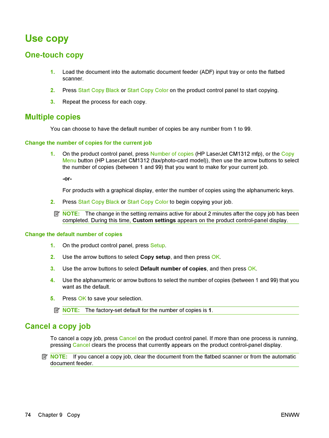 HP CM1312nfi MFP manual Use copy, One-touch copy, Multiple copies, Cancel a copy job 