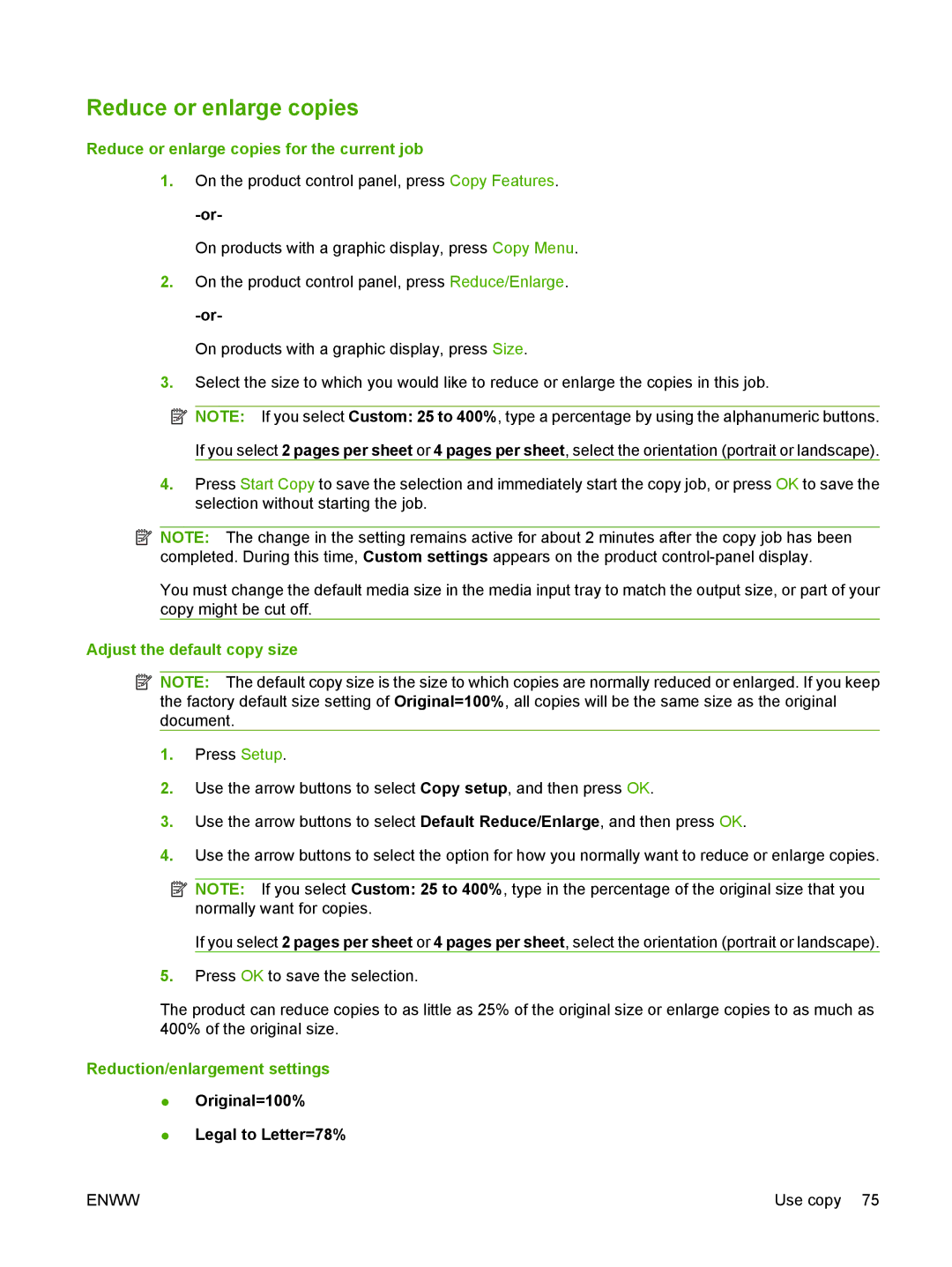 HP CM1312 Reduce or enlarge copies for the current job, Adjust the default copy size, Reduction/enlargement settings 