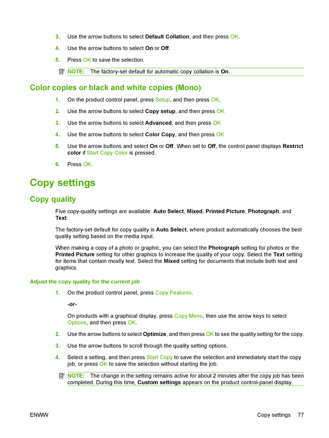 HP CM1312nfi MFP manual Copy settings, Color copies or black and white copies Mono, Copy quality 