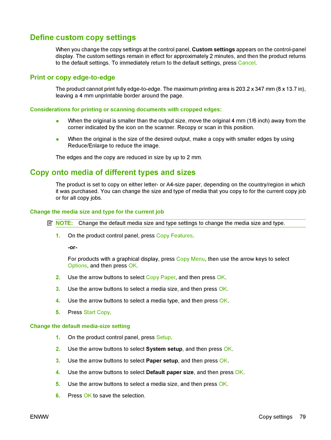 HP CM1312 manual Define custom copy settings, Copy onto media of different types and sizes, Print or copy edge-to-edge 