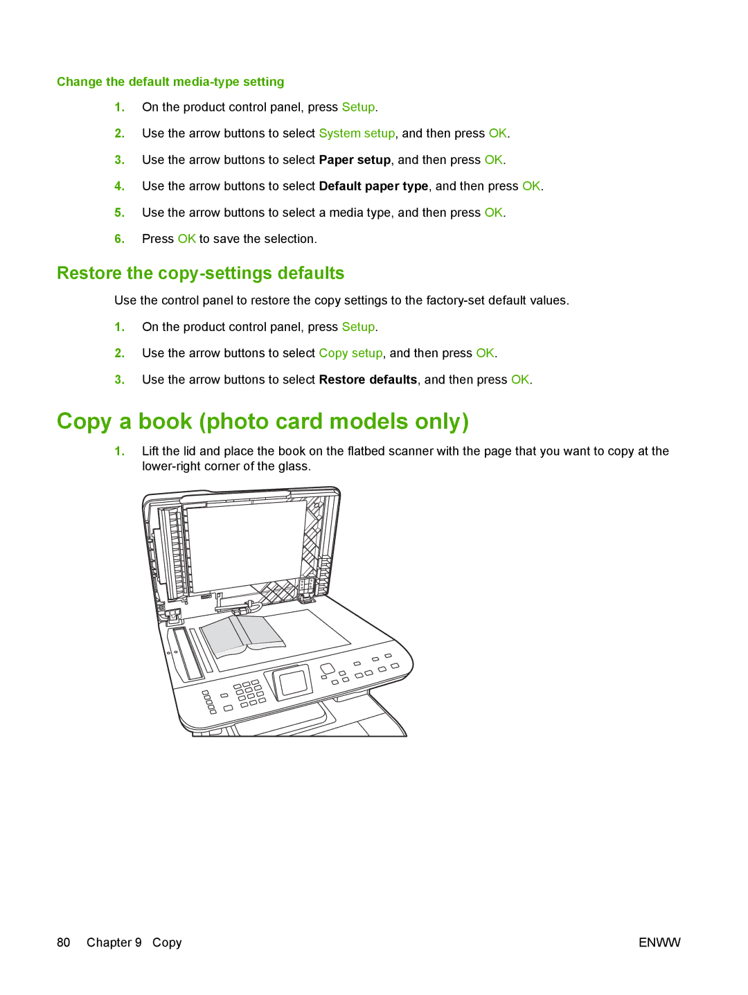 HP CM1312nfi MFP manual Copy a book photo card models only, Restore the copy-settings defaults 