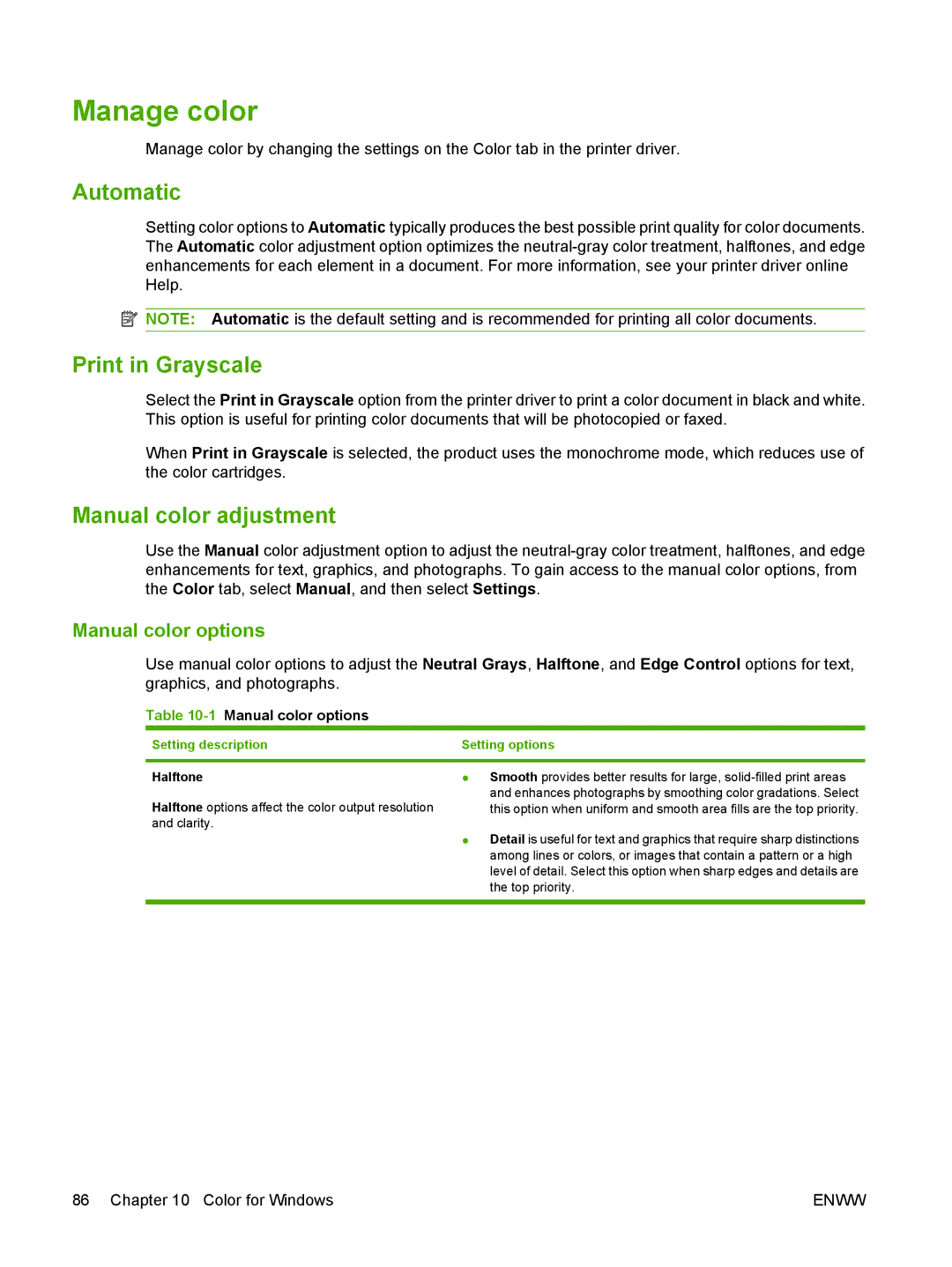 HP CM1312nfi MFP manual Manage color, Automatic, Print in Grayscale, Manual color adjustment, Manual color options 