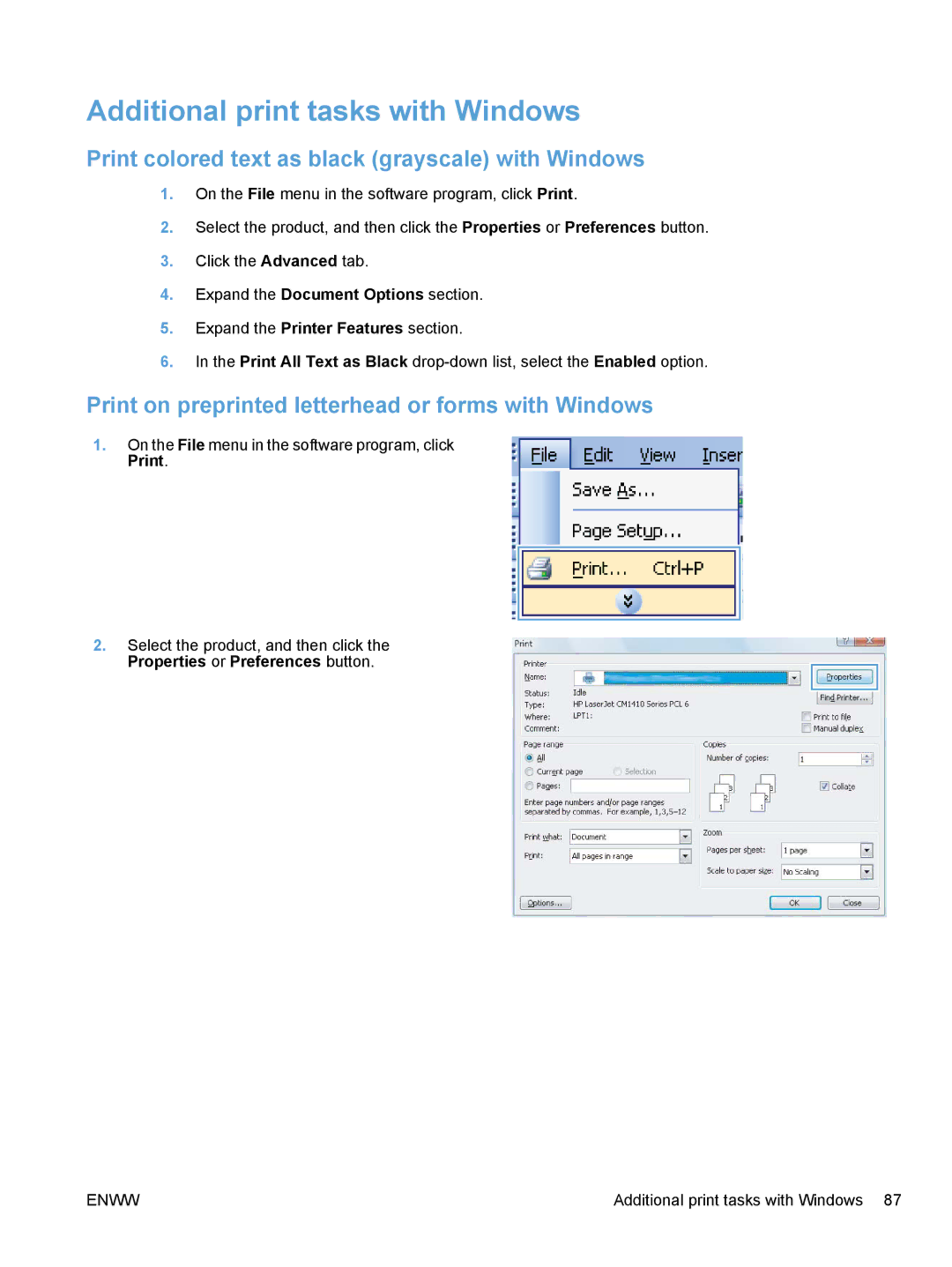 HP CE862A, CM1410 manual Additional print tasks with Windows, Print colored text as black grayscale with Windows 