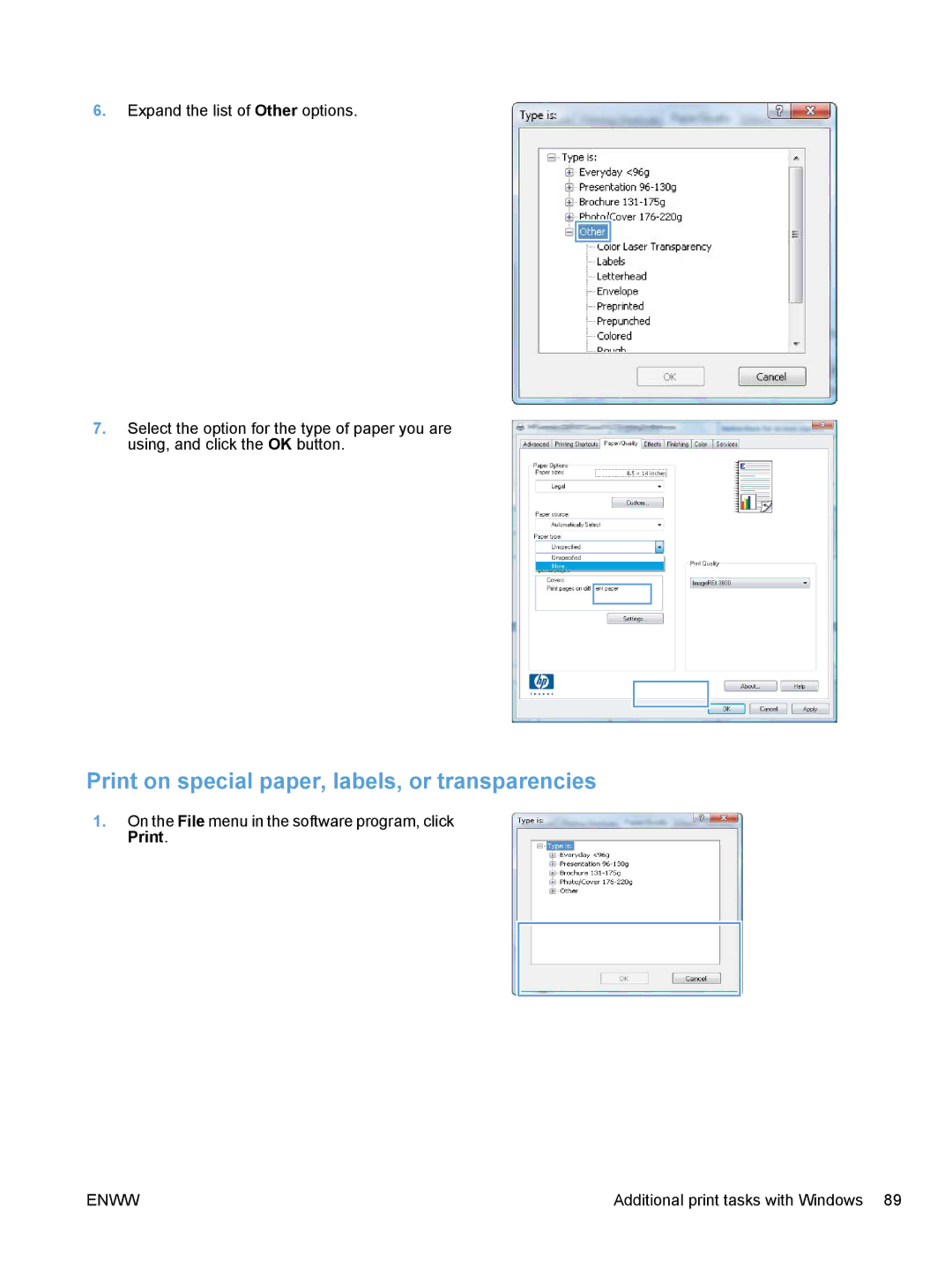 HP CE862A, CM1410 manual Print on special paper, labels, or transparencies 