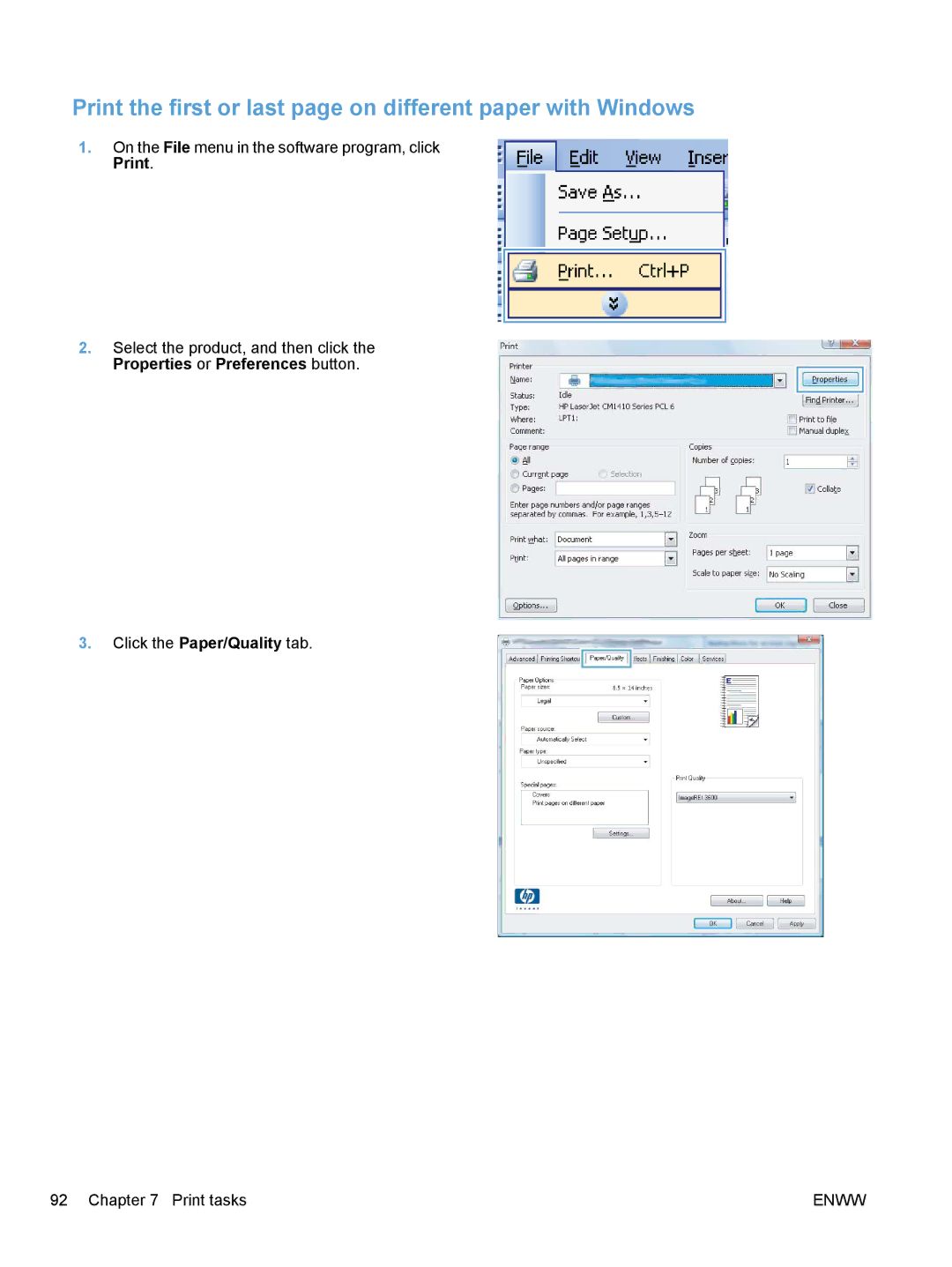 HP CM1410, CE862A manual Print the first or last page on different paper with Windows 