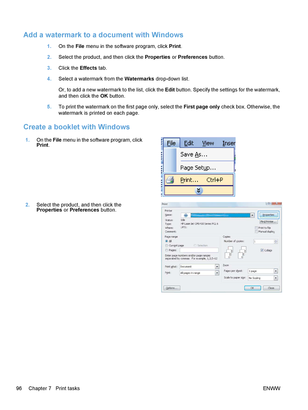 HP CM1410, CE862A manual Add a watermark to a document with Windows, Create a booklet with Windows 