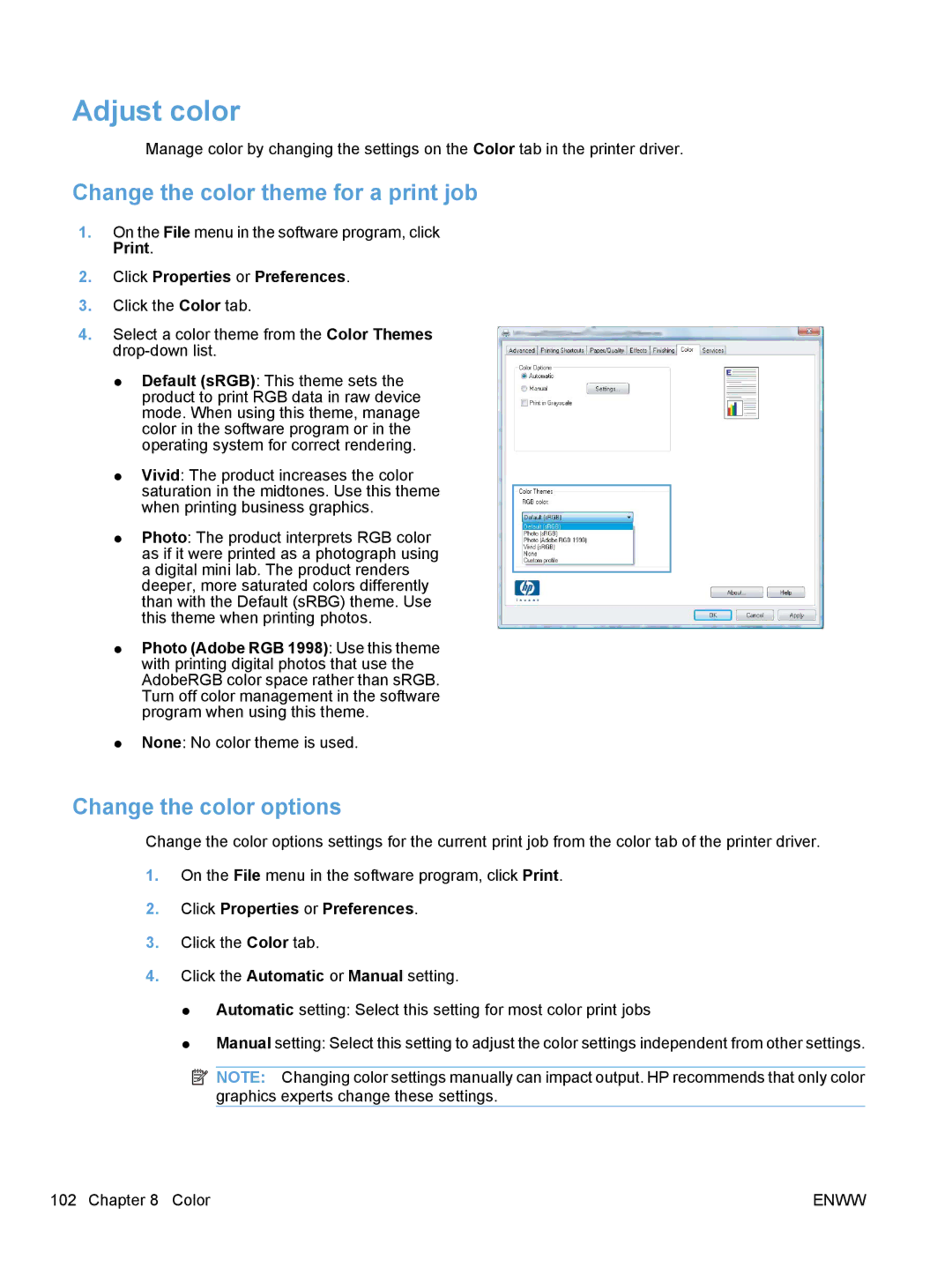 HP CM1410, CE862A manual Adjust color, Change the color theme for a print job, Change the color options 