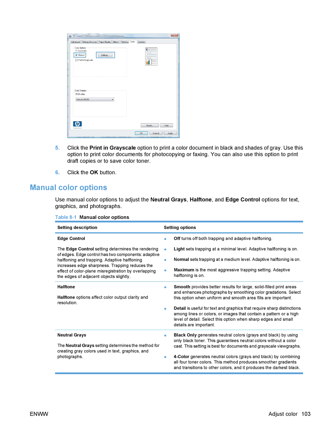 HP CE862A, CM1410 manual Manual color options, Edge Control, Halftone, Neutral Grays 