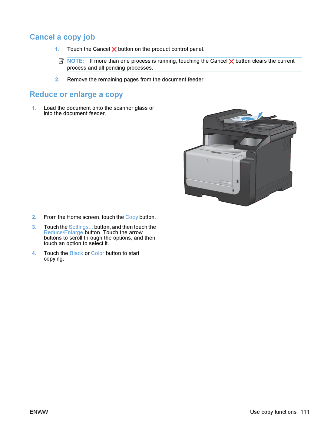 HP CE862A, CM1410 manual Cancel a copy job, Reduce or enlarge a copy 